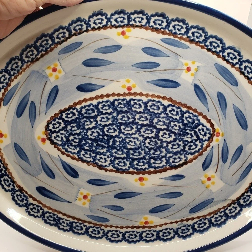 Temptations Hand Painted Oval Platter Ceramic Blue Floral Design with Handles‎